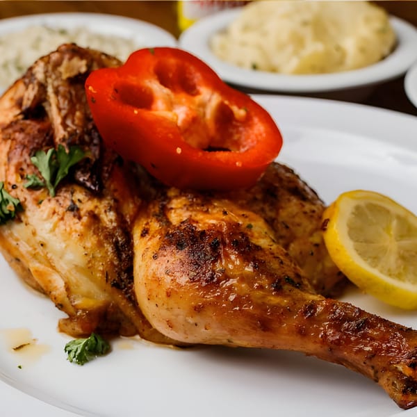 Grilled chicken with a red bell pepper, lemon wedge, and parsley on a white plate.
