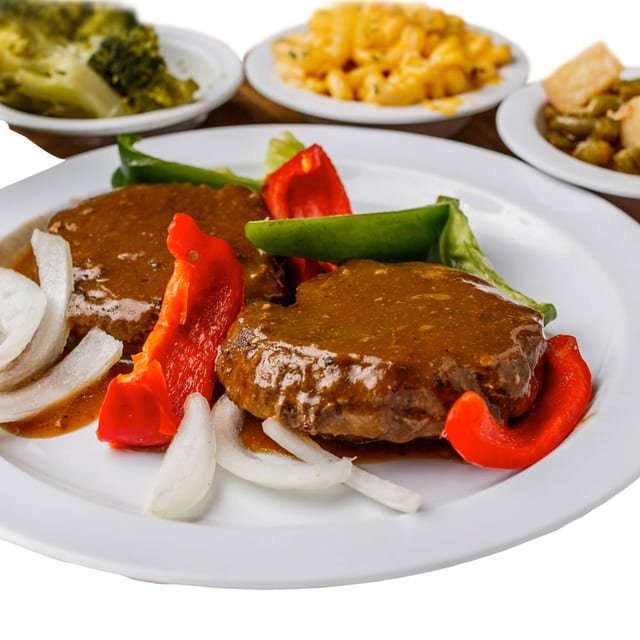 Hamburger Pepper Steak with Three Sides.