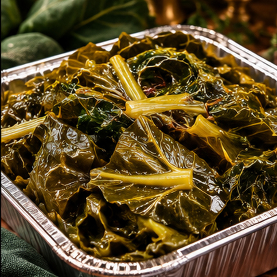 Steaming tray of glossy cooked greens and stalks served in a foil catering pan.