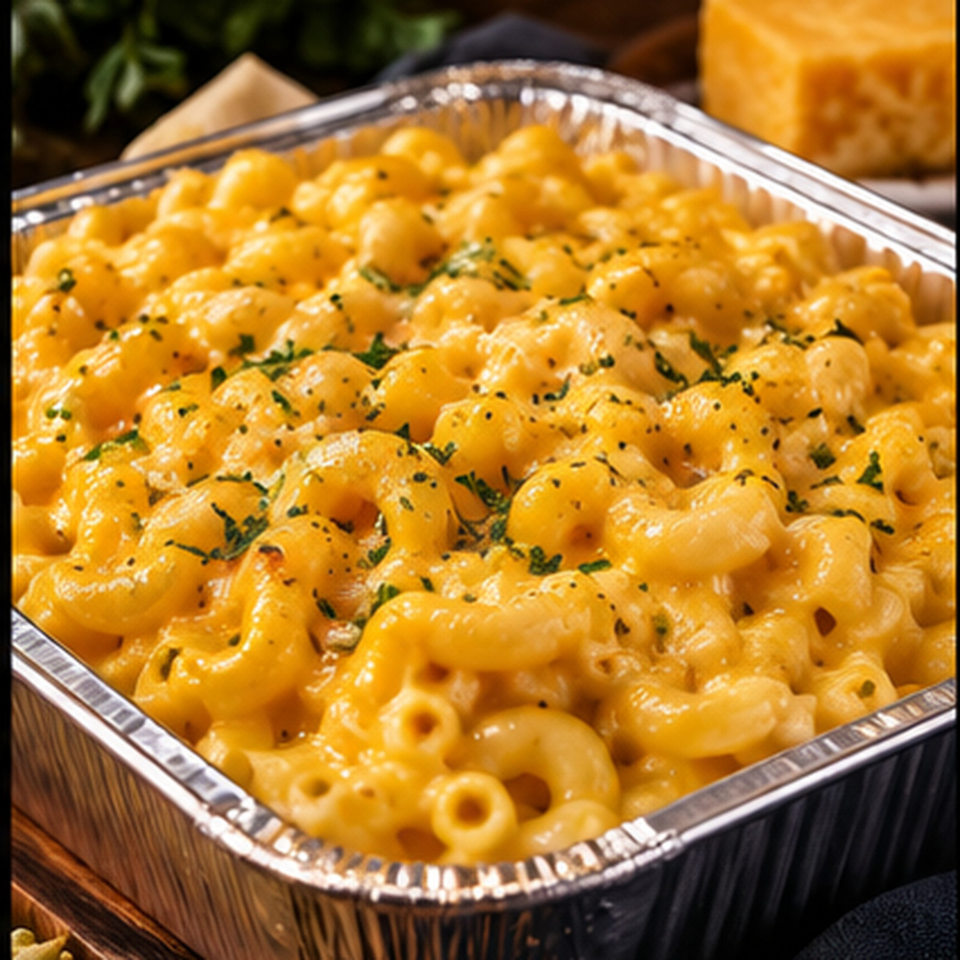 Creamy orange macaroni and cheese topped with herbs in a foil serving tray.