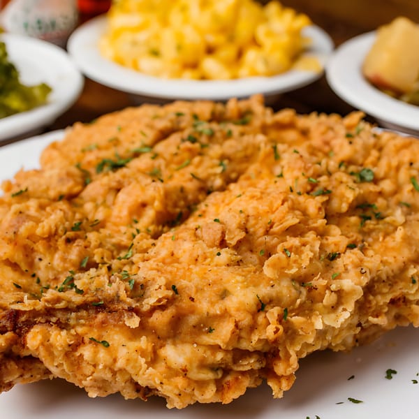 Crispy fried chicken with parsley flakes, served with sides of macaroni and cheese, and greens.