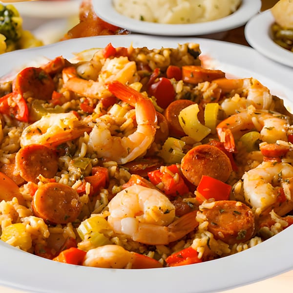 Close-up of Mikki's Soul Food Cafe's jambalaya with shrimp, sausage, rice, and vegetables.