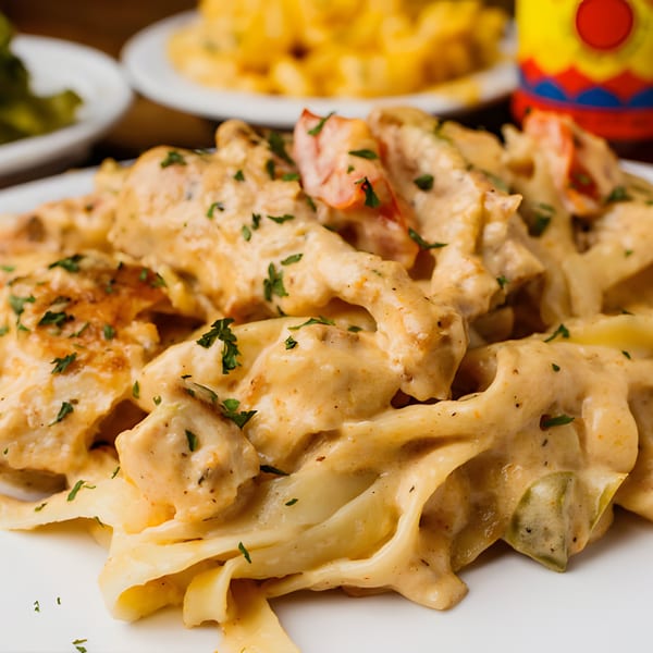 Creamy pasta with chicken and tomatoes, garnished with parsley, from Mikki's Soul Food Cafe.