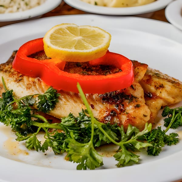 Grilled fish fillet topped with red bell pepper, a lemon slice, and fresh parsley on a white plate.