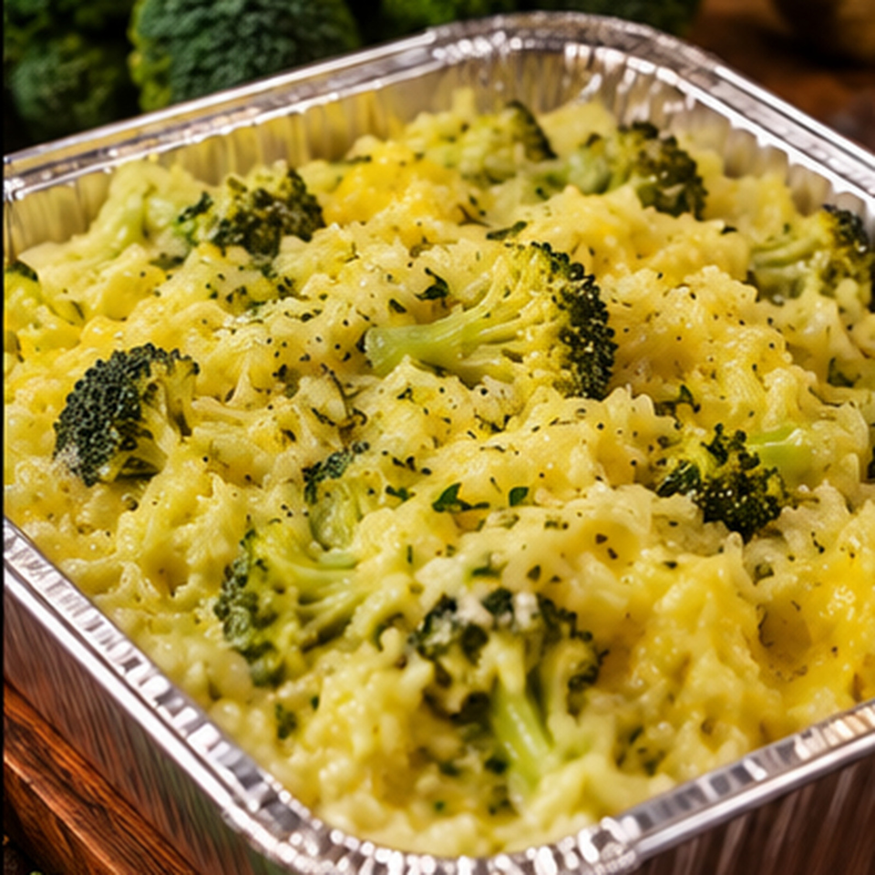 Creamy yellow macaroni and cheese with broccoli florets and herbs in a rectangular foil serving tray.
