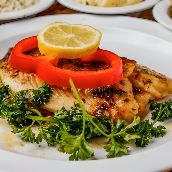Grilled fish fillet with red bell pepper, lemon slice, and fresh parsley on a white plate.
