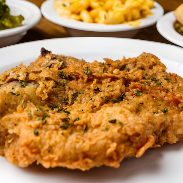 Crispy fried pork chop with parsley flakes, served with blurred sides of mac and cheese and greens.