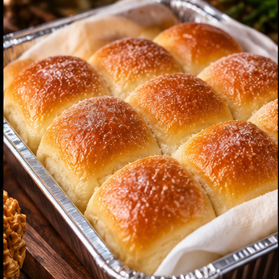 Tray of freshly baked golden dinner rolls with glossy, lightly textured tops.