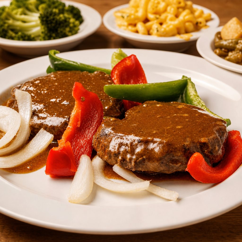 Hamburger Pepper Steak with Three Sides.