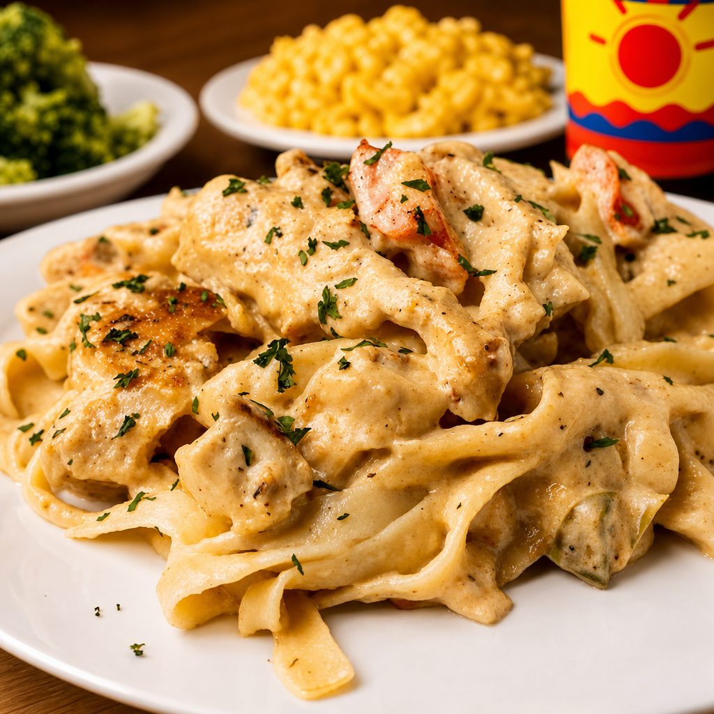 Chicken & Shrimp Fettuccine with Two Sides.