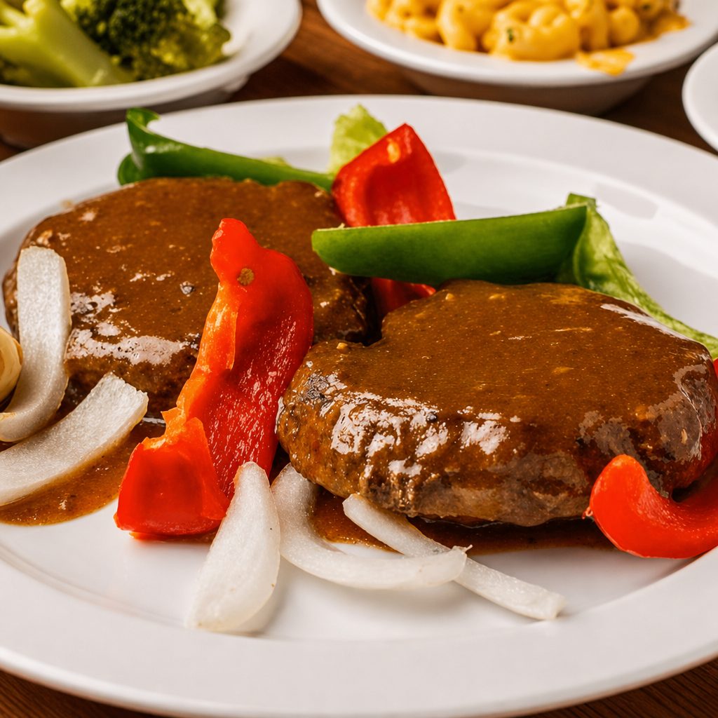 Hamburger Pepper Steak with Two Sides.