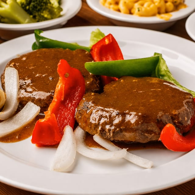 Hamburger Pepper Steak with Two Sides.