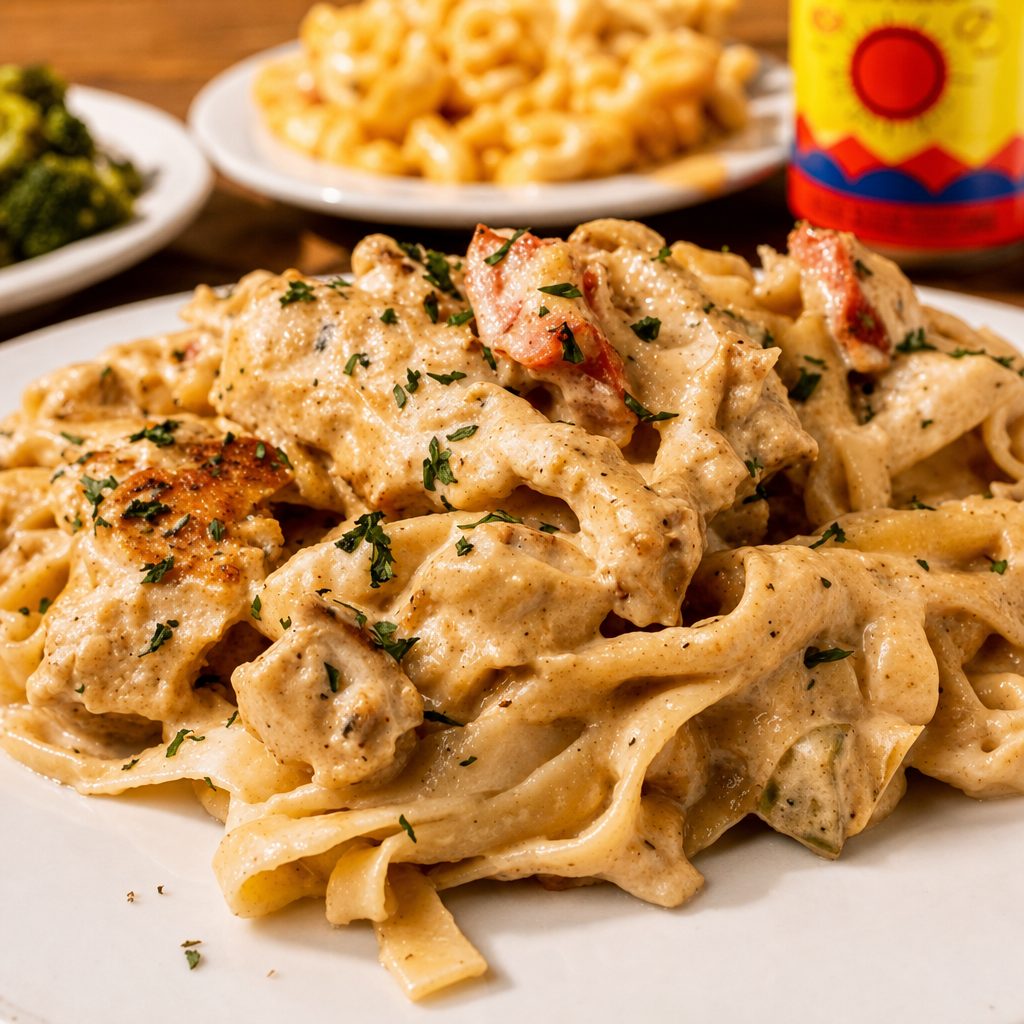Chicken & Shrimp Fettuccine with One Side.