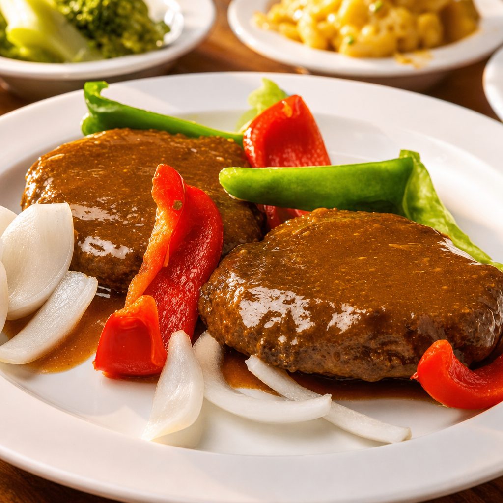 Hamburger Pepper Steak with Two Sides.