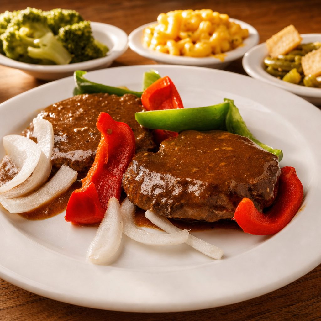 Hamburger Pepper Steak with Three Sides.