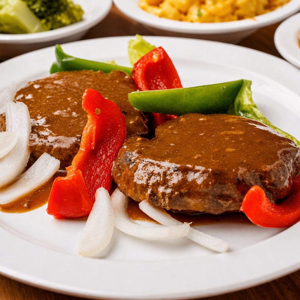 Hamburger Pepper Steak with Two Sides.