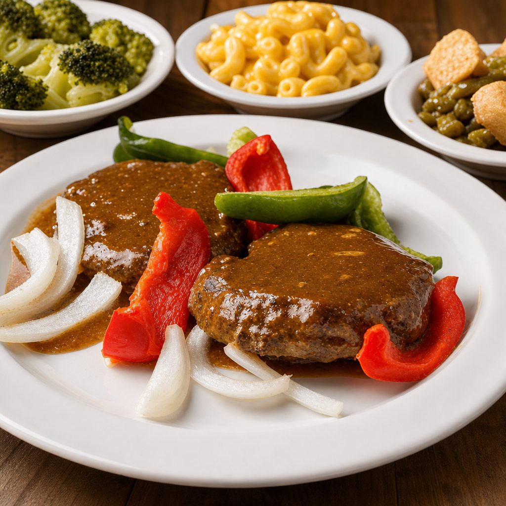 Hamburger Pepper Steak with Three Sides.
